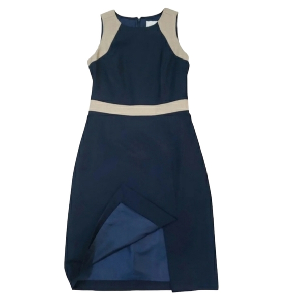 J. Crew~Woman Size 0~Navy Blue/Beige 100% Wool Sheath Lined Dress Sleeveless. - Picture 9 of 9